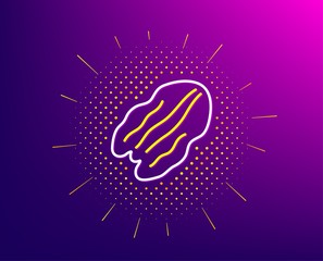 Pecan nut line icon. Halftone pattern. Tasty protein sign. Vegan food symbol. Gradient background. Pecan nut line icon. Yellow halftone pattern. Vector