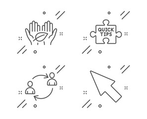User communication, Fair trade and Quick tips line icons set. Mouse cursor sign. Human resources, Safe nature, Tutorials. Click arrow. Business set. Line user communication outline icon. Vector