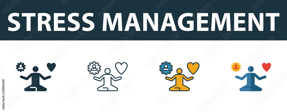 Poster stress management icon set. four simple symbols in diferent styles from soft skills icons collection