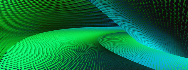 ABSTRACT FUTURISTIC INTERIOR MADE BY GREEN METAL MESH. ROUND ROOM DESIGN. 3D ILLUSTRATION. WALLPAPER