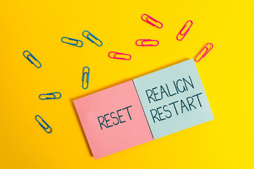Writing note showing Reset Realign Restart. Business concept for Life audit will help you put...