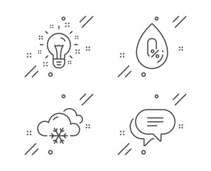 Snow weather, No alcohol and Idea line icons set. Text message sign. Snowflake, Mineral oil, Creativity. Chat bubble. Business set. Line snow weather outline icon. Vector