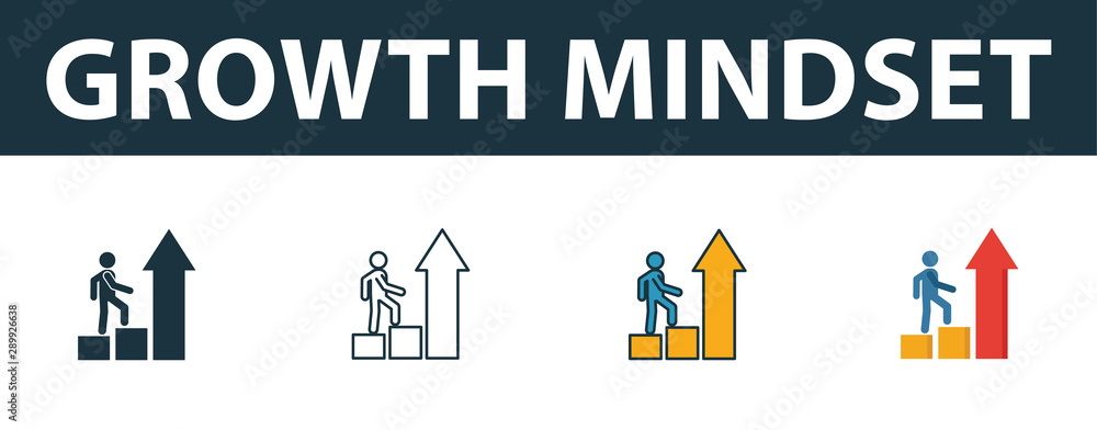 Poster growth mindset icon set. four simple symbols in diferent styles from soft skills icons collection. c