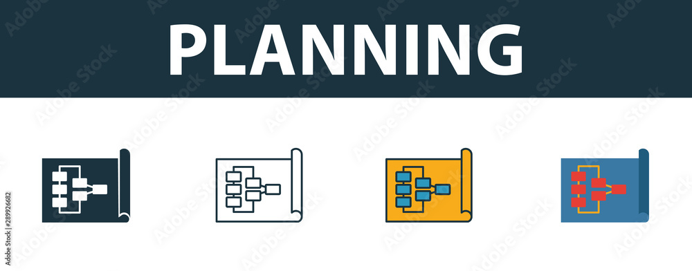 Poster planning icon set. four simple symbols in diferent styles from soft skills icons collection. creativ