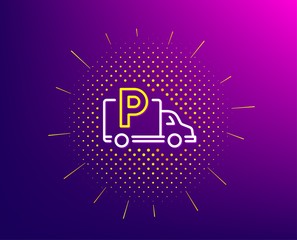 Truck parking line icon. Halftone pattern. Car park sign. Transport place symbol. Gradient background. Truck parking line icon. Yellow halftone pattern. Vector