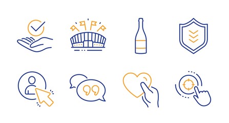 Champagne bottle, Quote bubble and Sports arena line icons set. Shield, User and Hold heart signs. Approved, Seo target symbols. Anniversary alcohol, Chat comment. Business set. Vector