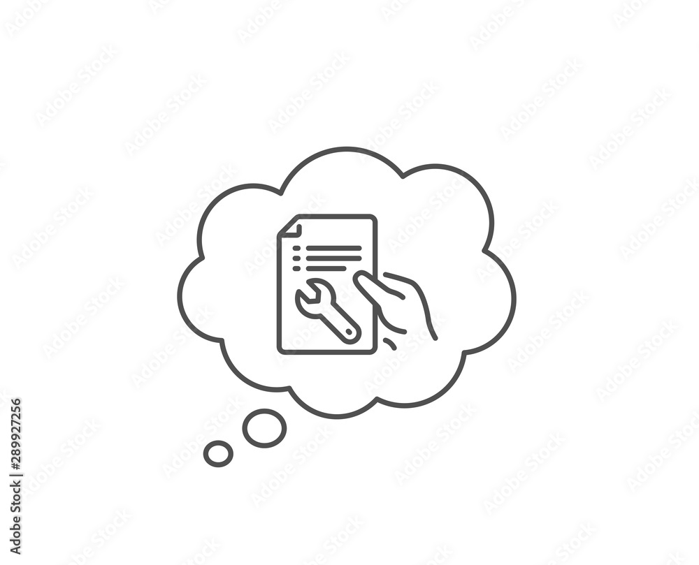 Poster spanner tool line icon. chat bubble design. repair service document sign. fix instruments symbol. ou