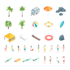 Beach Rest Icon Set Concept 3d Isometric View. Vector