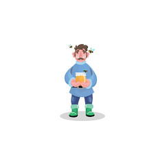 Beekeeper in special clothes holding jar with honey