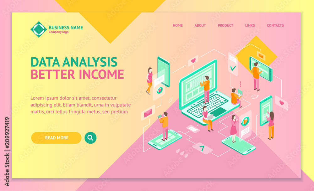 Poster communication on internet people concept landing web page template 3d isometric view. vector