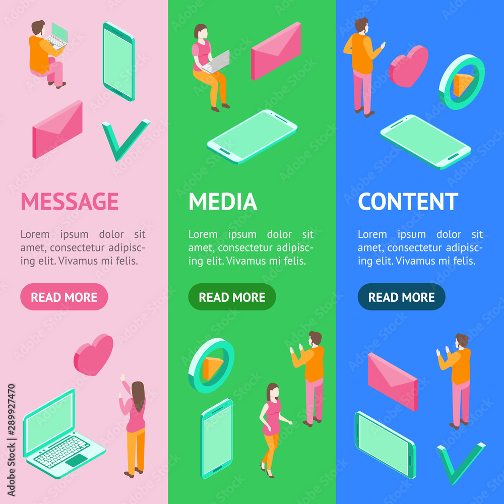 Poster Communication on Internet People Concept Banner Vecrtical Set 3d Isometric View. Vector