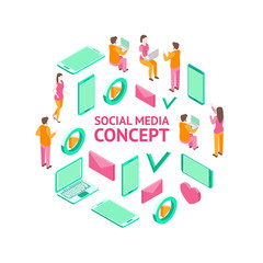 Communication on Internet People Concept Banner Card Circle 3d Isometric View. Vector
