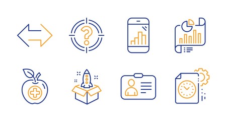 Startup, Medical food and Report document line icons set. Sync, Headhunter and Graph phone signs. Id card, Project deadline symbols. Innovation, Apple. Business set. Line startup icon. Vector