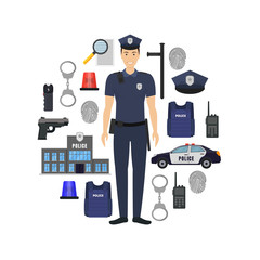 Cartoon Color Policeman and Police Elements Banner Card Circle. Vector