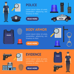Cartoon Color Policeman and Police Elements Banner Horizontal Set . Vector