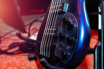 A set of classical and electric guitars. Music concept. Guitars for musicians, sale of guitars, musical instruments. Playing musical instruments, creating.