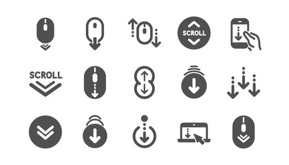 Scroll down icons. Scrolling mouse, landing page swipe signs. Mobile device technology icons. Website scroll navigation. Phone scrolling. Classic set. Quality set. Vector