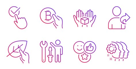 Like, Refer friend and Repairman line icons set. Bitcoin pay, Organic tested and Hold box signs. Checkbox, Employees teamwork symbols. Social media likes, Share. People set. Gradient like icon. Vector