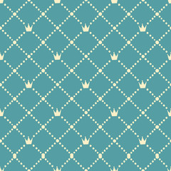 Little prince crowns vector seamless pattern. Baby Hand-drawn illustrations on a blue background in a simple cartoon Scandinavian style. Ideal for printing on paper and fabric