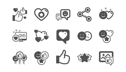 Social media icons. Share network, Like thumbs up and Rating. Feedback smile classic icon set. Quality set. Vector