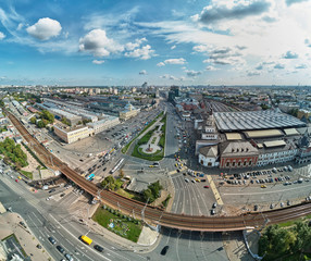 Moscow top view at the Komsomolskaya square, also known as the square of three railway stations. Aerial drone view