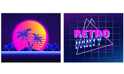 Retro future, slogan give me back 80's, futuristic landscape, mountains. Sci-Fi Background. 80s Party Background. Retro Wave music album cover template with sun, space, mountains