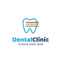Dental clinic dentistry logo design with teeth and colorful rainbow wave illustration