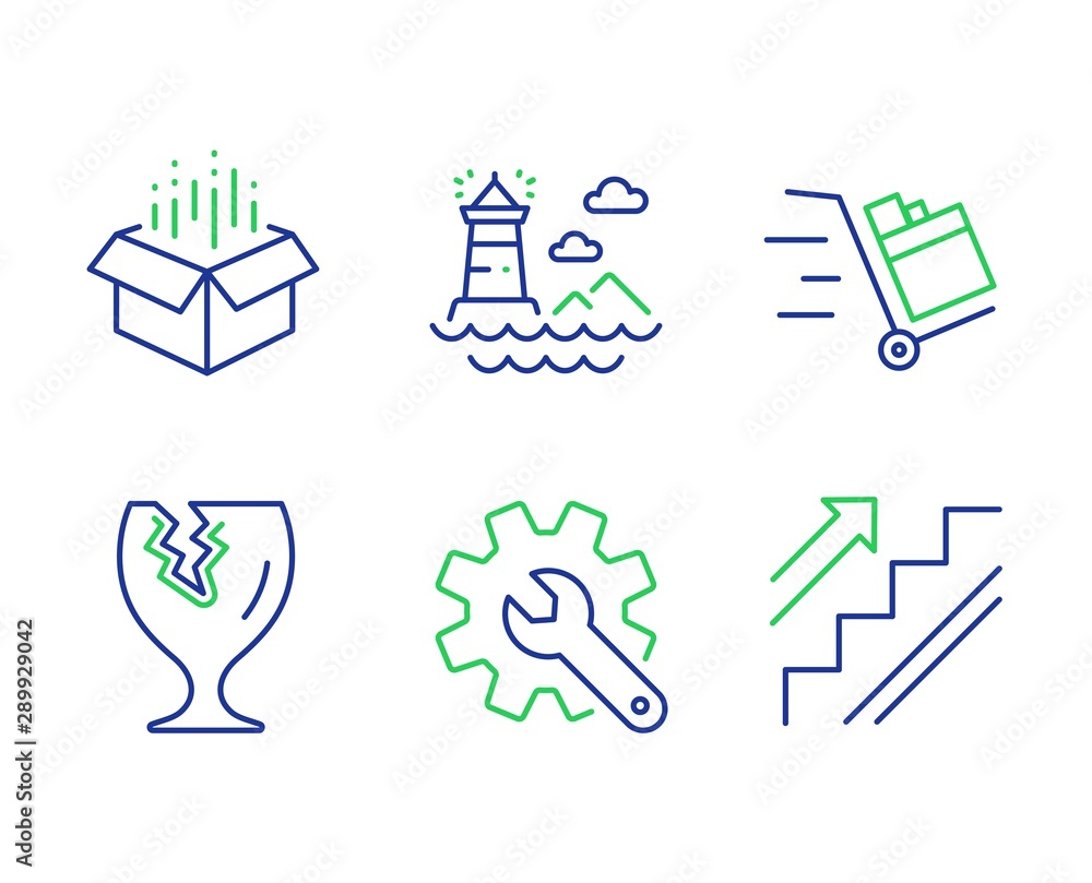 Aufkleber push cart, customisation and lighthouse line icons set. open box, fragile package and stairs signs. 