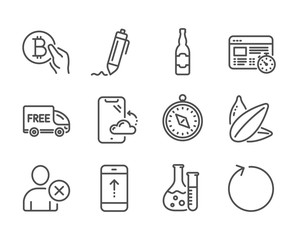 Set of Business icons, such as Swipe up, Bitcoin pay, Free delivery, Loop, Beer bottle, Delete user, Signature, Chemistry lab, Sunflower seed, Smartphone cloud, Web timer, Travel compass. Vector