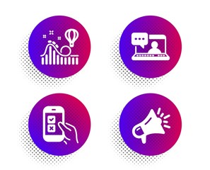 Friends chat, Roller coaster and Mobile survey icons simple set. Halftone dots button. Megaphone sign. Message, Attraction park, Phone quiz test. Brand advertisement. Technology set. Vector