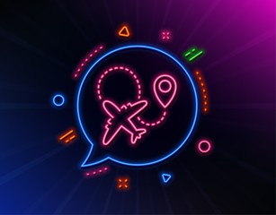 Airplane line icon. Neon laser lights. Plane flight transport sign. Aircraft symbol. Glow laser speech bubble. Neon lights chat bubble. Banner badge with airplane icon. Vector