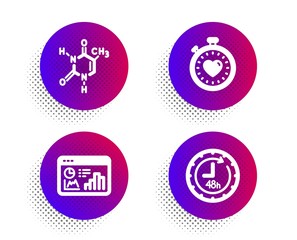 Chemical formula, Heartbeat timer and Seo statistics icons simple set. Halftone dots button. 48 hours sign. Chemistry, Love stopwatch, Analytics chart. Delivery service. Technology set. Vector