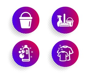 Clean bubbles, Household service and Bucket icons simple set. Halftone dots button. Clean t-shirt sign. Laundry shampoo, Cleaning equipment, Washing equipment. Laundry shirt. Cleaning set. Vector