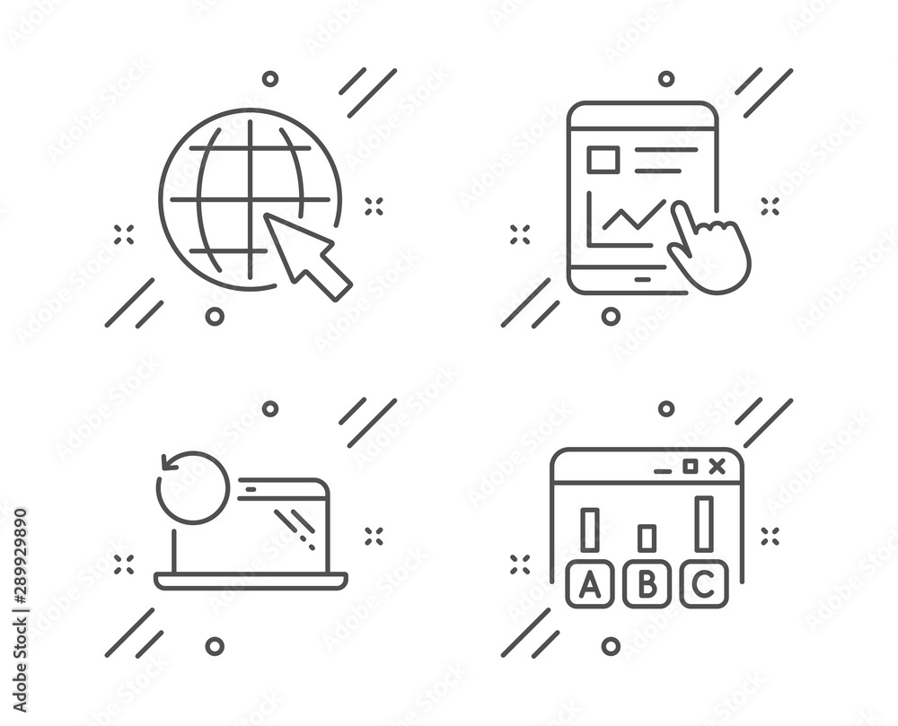 Poster recovery laptop, internet and internet report line icons set. survey results sign. backup data, worl