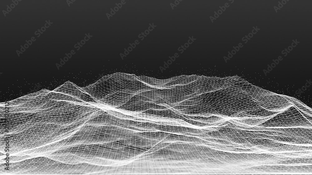 Poster wireframe 3d landscape. technology grid illustration. 3d rendering.