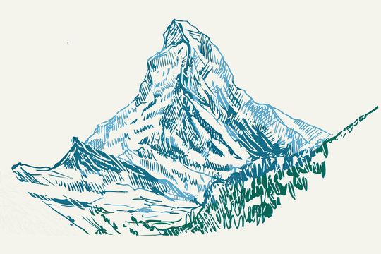 Rysynek ręcznie rysowany. Widok na g&oacute;rę Matterhorn w Alpach w Szawajcarii