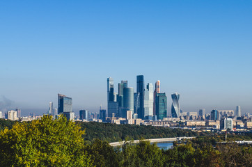 Fototapeta na wymiar Moscow city. View of the Moscow International Business Center from Vorobyovy Gory, Early autumn. Russia.