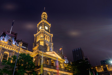 Sydney Town Hall at night. Sydney central business district.