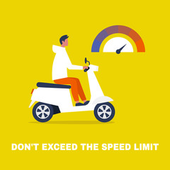 Don't exceed the speed limit. Young male character driving a scooter. Flat editable vector illustration, clip art. Safety. Millennial lifestyle.