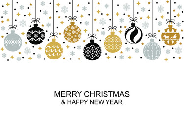 Vector illustrations of Christmas greeting card with balls hanging among confetti