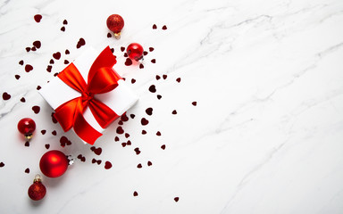 Christmas and New Year holiday background. Xmas greeting card. Christmas gifts on white marble background top view. Flat lay	