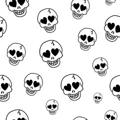 Seamless background with hearts and skulls. Skull love heart pattern. Deadly amur background. Vector texture