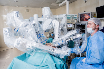 Modern surgical system. Medical robot. Minimally invasive robotic surgery.