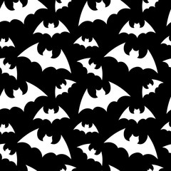 Vector pattern background with bats silhouettes for halloween design. Seammles pattern swarm of bats on the white background. Happy Halloween