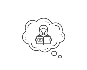 Woman read a Book line icon. Chat bubble design. Education symbol. Instruction or E-learning sign. Outline concept. Thin line woman read icon. Vector