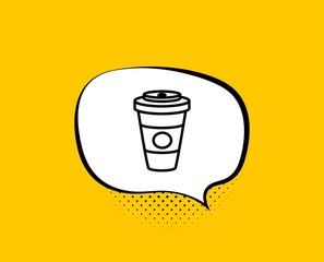 Takeaway Coffee or Tea line icon. Comic speech bubble. Hot drink sign. Beverage symbol. Yellow background with chat bubble. Takeaway Coffee icon. Colorful banner. Vector