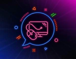 Computer line icon. Neon laser lights. PC mouse component sign. Monitor symbol. Glow laser speech bubble. Neon lights chat bubble. Banner badge with computer mouse icon. Vector
