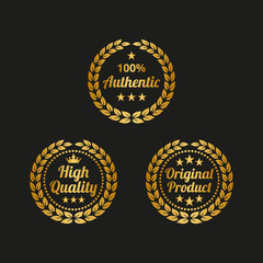 Set of golden laurel wreaths on black background.