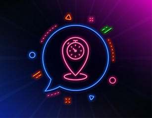 Timer line icon. Neon laser lights. Time sign. Location pointer symbol. Glow laser speech bubble. Neon lights chat bubble. Banner badge with timer icon. Vector