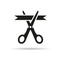 Scissors cutting ribbon icon on white background.